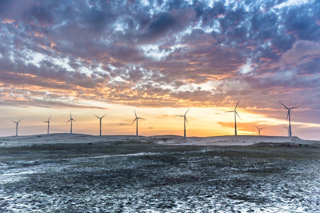 Wind turbines at sunset, Taiba, Ceara, Brazil